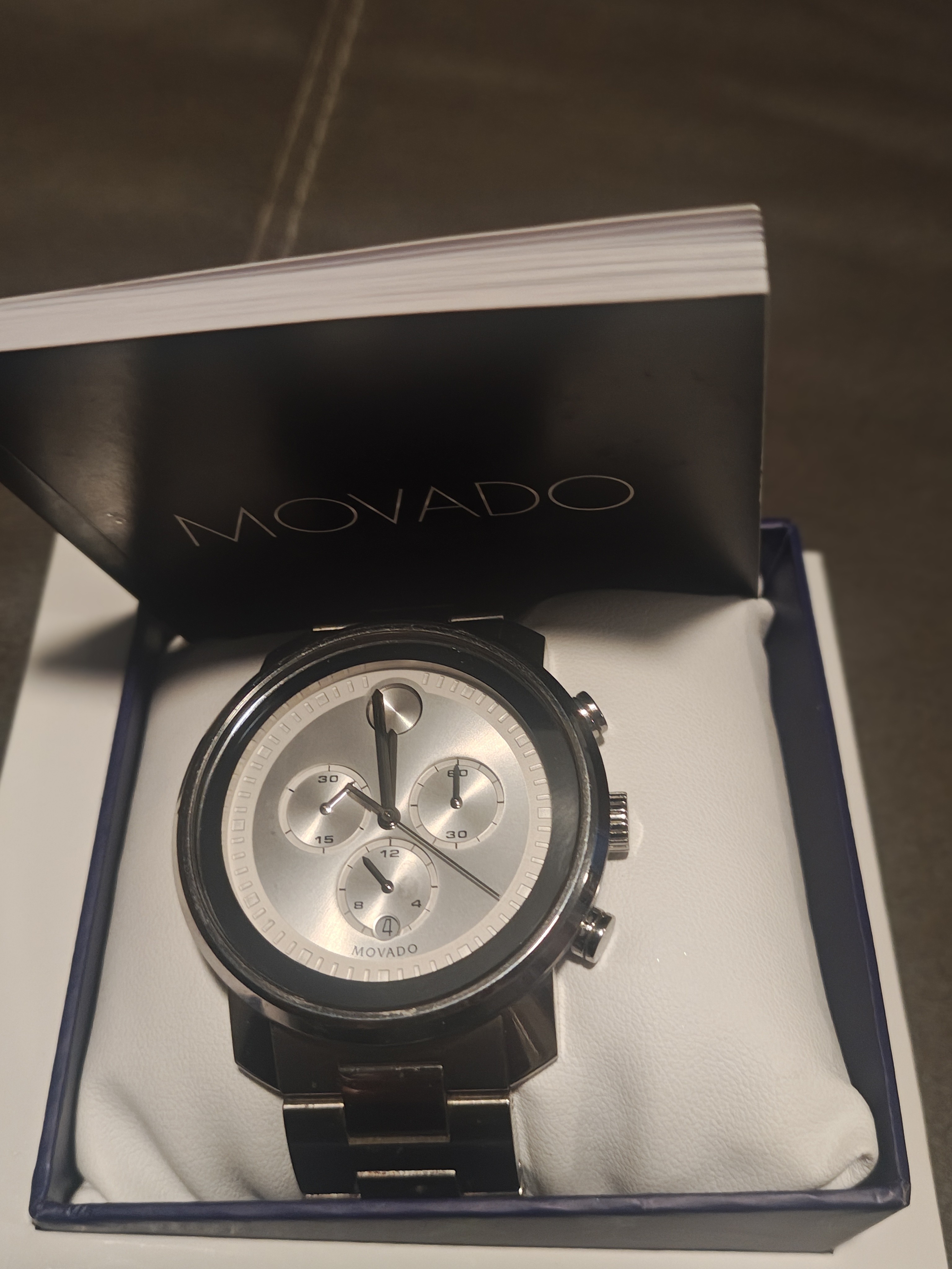 Movado Silver Dial Black Bezel Stainless Steel Chronograph